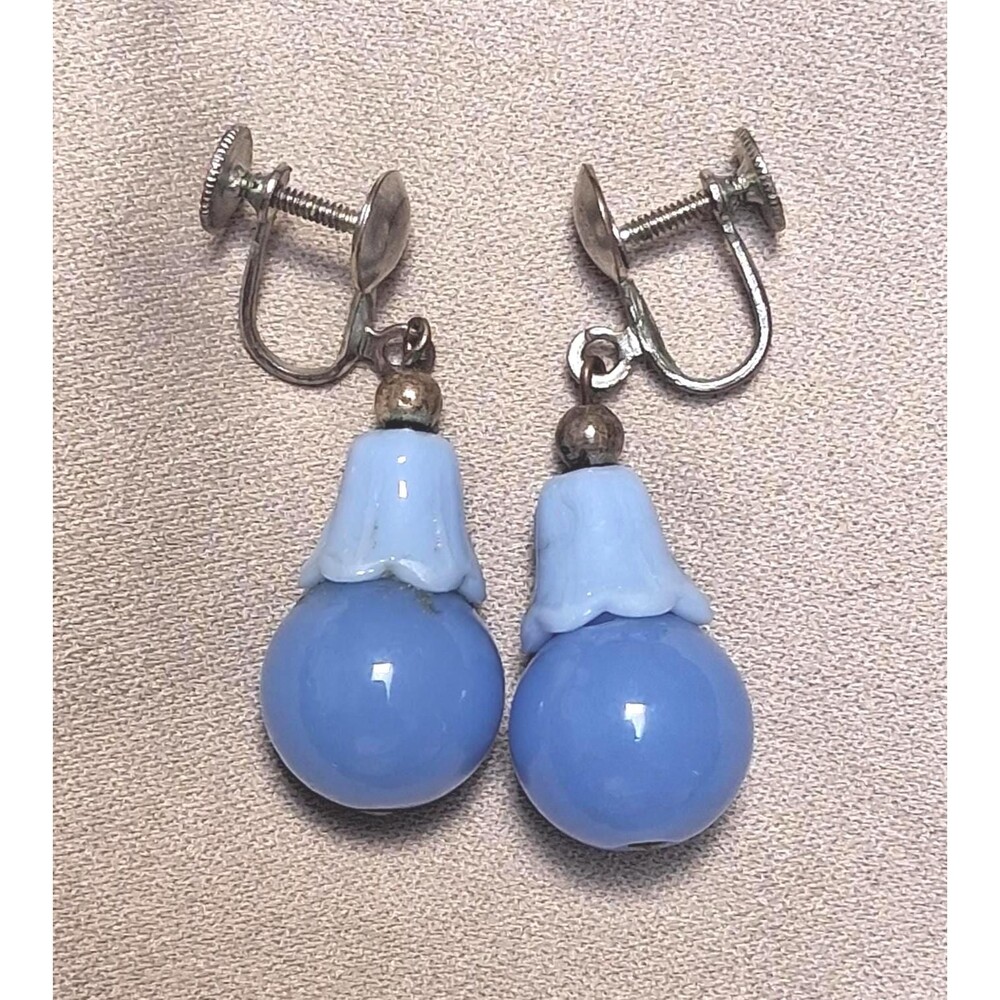 Vintage Blue Glass Bell Flower Earrings Screw Back